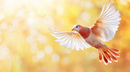 Obraz premium A white and red bird flying through the air with its wings spread