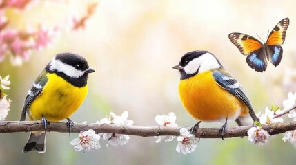 Naklejka premium A couple of birds sitting on top of a tree branch