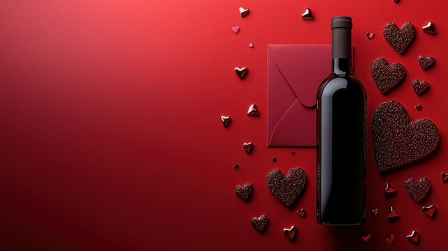 Wine, letter, heart cookies on red for Valentine's Day - Powered by Adobe