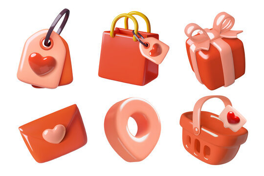 Valentine's Day shopping 3d icons with hearts. Pink and red paper bag, gift box, heart tag, product basket, geo tag and envelope. Realistic three dimensional romantic holiday sale vector illustrations