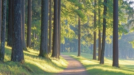 Obraz premium A dirt road in the middle of a forest with tall trees