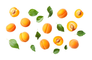 Fresh organic apricot with leaves on a transparent background. isolated background.