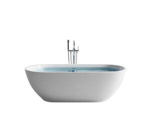Modern freestanding bathtub with sleek design and chrome faucet, perfect for relaxation and luxury in bathroom setting