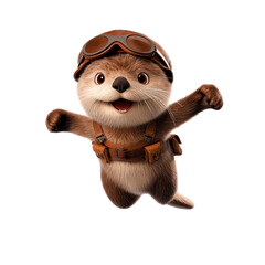 Cartoon character flying through the air in a colorful sky with clouds and a bright sun in a fun and whimsical scene.