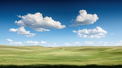 Fototapeta premium A grassy field with a blue sky and white clouds in the background