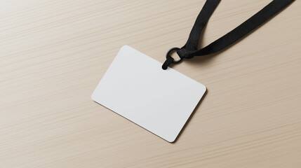 A white tag with a black band is hanging on a table