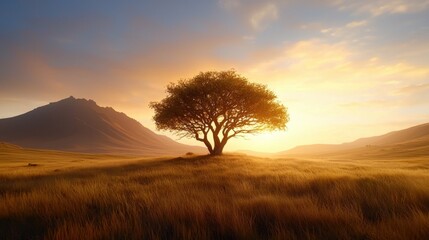 Obraz premium A lone tree in the middle of a grassy field at sunset
