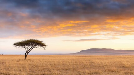 A lone acacia tree stands alone in the middle of a grassy plain