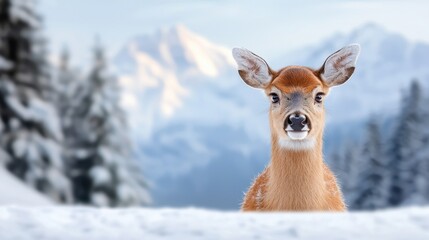 Obraz premium A deer standing in the snow with mountains in the background