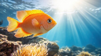 Fototapeta premium A bright orange fish swimming in the ocean near a coral reef