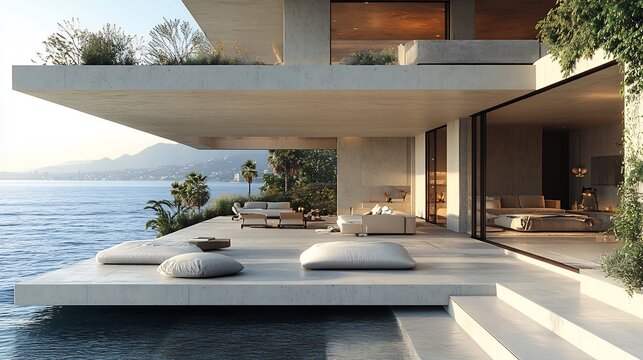 Sleek terrace with stunning sea vistas complemented by a spacious balcony room made of sturdy concrete and elegant gray stone design elements ideal for showcasing modern waterfront architecture