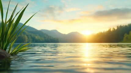 A view of a lake with a sunset in the background