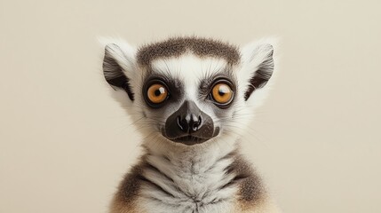 Fototapeta premium Close-up portrait of a ring-tailed lemur with striking eyes and black-and-white ringed tail on a gray background