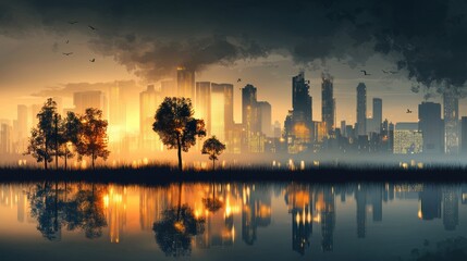 Fototapeta premium City skyline view with a lake in the foreground surrounded by trees and greenery during a clear day