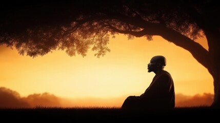 A serene silhouette of a person resting under a tree at sunset, evoking peace and contemplation.
