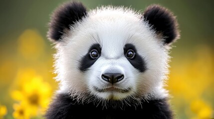 Obraz premium A close up of a panda bear in a field of yellow flowers