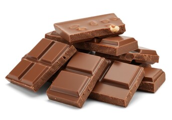 A pile of broken chocolate bars with a rich brown color and visible texture isolated on a white background