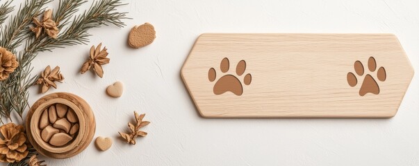 A wooden plaque with paw prints and decorative elements, showcasing a cozy pet-themed design.