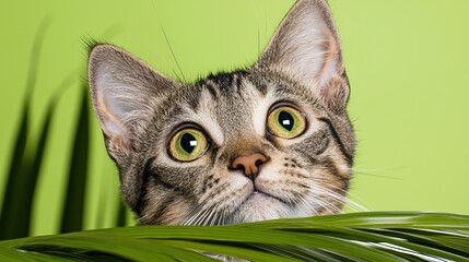 A cat peeking out from behind a green plant