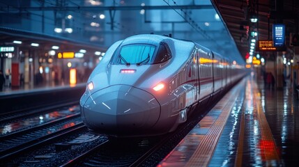 Fototapeta premium Sleek high-speed train arriving at rainy station.