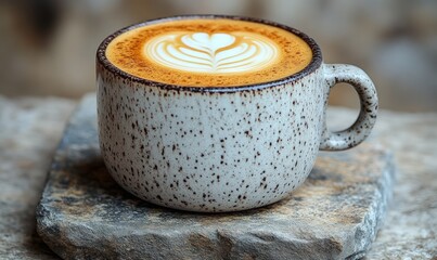 Latte art in speckled mug on stone.