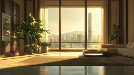 Fototapeta premium Spacious living room interior design featuring large windows with a panoramic view of a modern city skyline