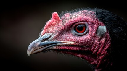  A close up of a turkey's head with red eyes