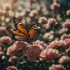 Fototapeta premium A butterfly surrounded by petals blown by the wind.