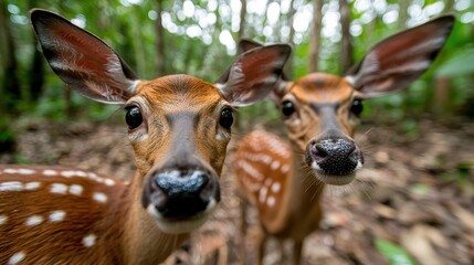 A couple of deer standing next to each other in the woods