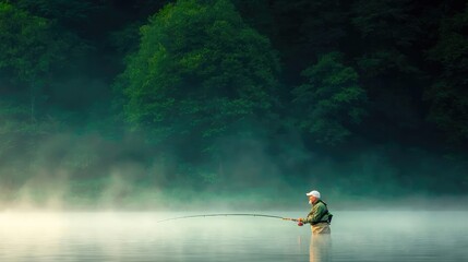 Naklejka premium A lone fisherman stands in a misty river during early morning, casting his line near a dense green forest.