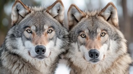 Fototapeta premium Two gray wolves standing next to each other in the snow