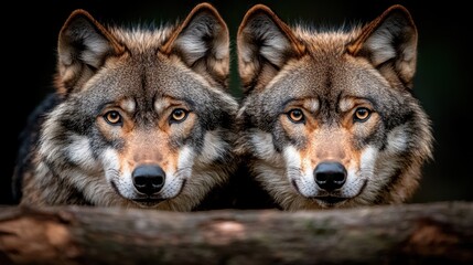 Obraz premium two gray wolves looking over a log