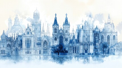 Fototapeta premium Aerial view of a blue and white cityscape featuring numerous buildings and structures under a clear sky
