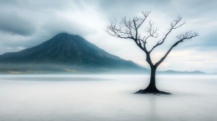 A lone tree in the middle of a lake with a mountain in the background