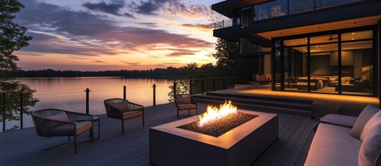 Fototapeta premium Lakefront Luxury: Sunset Serenity at a Modern Lakeside Home