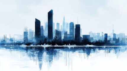 Obraz premium City skyline with blue sky and watercolor paint effects showcasing urban landscape and artistic interpretation