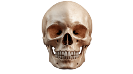 Isolated human skull with visible teeth and cranium on white background