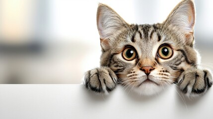 A cat peeking over a blank sign with its paws