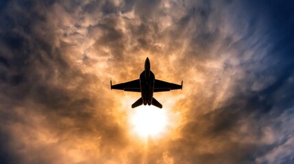 Naklejka premium A plane flying through a cloudy sky at sunset