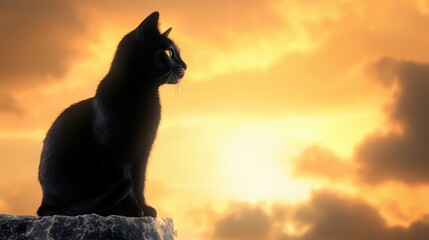 A black cat sitting on top of a rock