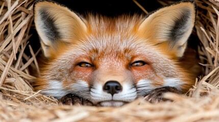 Obraz premium A red fox laying in a pile of hay