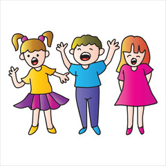 Obraz premium Cartoon illustration of a group of children having fun and laughing.