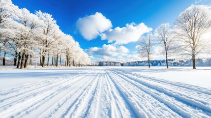 Obraz premium A snow covered field with trees in the background