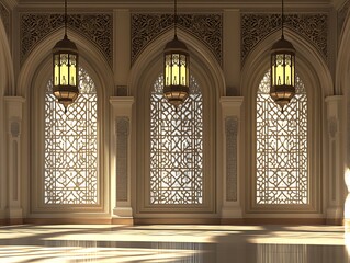 Elegant Islamic Architecture Interior With Ornate Windows And Lighting