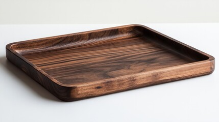 Elegant dark mahogany wooden tray resting on a clean white tabletop, modern style 