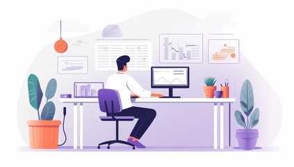 Businessman Working at Desk with Charts and Graphs