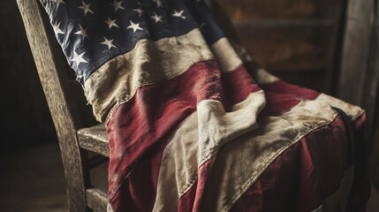 Fototapeta premium Worn American flag draped over rustic wooden chair