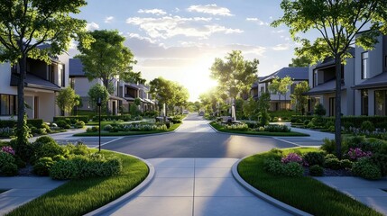Residential street featuring houses and trees in the background with a clear blue sky and sidewalks on either side