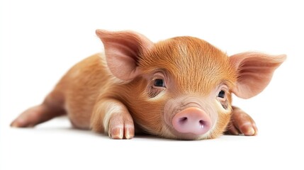 Fototapeta premium A cute piglet isolated on a white background with a funny expression and little ears, showing off its snout and young appearance