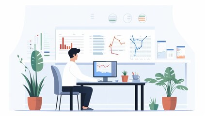 Businessman Analyzing Financial Data on Computer in Modern Office